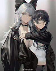Rule 34 | 2girls, alternate costume, arm around neck, bespectacled, black bow, black choker, black hair, black jacket, black pants, bow, brown eyes, casual, choker, closed mouth, collarbone, contemporary, fujiwara no mokou, glasses, gradient background, grey background, grey eyes, grey hair, hair between eyes, hair bow, highres, houraisan kaguya, jacket, jinrouguguzhi, light smile, long hair, looking at viewer, multiple girls, off shoulder, open clothes, open jacket, pants, round eyewear, simple background, tank top, third-party source, touhou, upper body, v-shaped eyebrows, very long hair, weibo logo, weibo username, white tank top