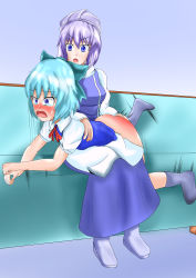 Rule 34 | 2girls, absurdres, aospanking, ass, blue eyes, blush, bow, cirno, clothes lift, hair bow, hand on another&#039;s back, highres, letty whiterock, lying, multiple girls, no panties, on lap, open mouth, sitting, skirt, skirt lift, spanked, spanking, tears, touhou