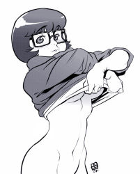 Rule 34 | 1girl, bottomless, breasts, cartoon network, clothes lift, dated, glasses, monochrome, no panties, purple theme, qiqo, scooby-doo, shirt lift, short hair, simple background, sleeves pushed up, solo, underboob, undressing, velma dace dinkley, white background