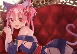 Rule 34 | absurdres, animal ear fluff, animal ears, azur lane, bell, bikini, cat ears, cat tail, couch, dress, fang, flower knot, garter straps, hair bell, hair ornament, hair rings, hatsushimo (azur lane), highres, looking at viewer, lying, on stomach, open mouth, own hands together, panties, pink hair, pleated dress, red eyes, ribbon, sash, skirt, smile, string bikini, string panties, swimsuit, tail, thighhighs, underwear