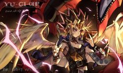 Rule 34 | 1boy, a yue, angel wings, atem, black hair, blonde hair, card, chain, commentary, copyright name, dated, dragon, duel disk, duel monster, earrings, english commentary, english text, highres, jewelry, male focus, millennium puzzle, multicolored hair, muto yugi, osiris the sky dragon, red hair, short hair, smile, spiked hair, takahashi kazuki (person), upper body, wings, yami yugi, yu-gi-oh!, yu-gi-oh! duel monsters