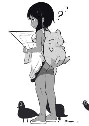 Rule 34 | 1girl, ?, ??, accidental exposure, animal, animal bag, backpack, bag, bird, blush, closed mouth, clothes lift, dress, dress lift, full body, greyscale, hair ornament, highres, holding, looking down, map, monochrome, original, panties, profile, sidelocks, simple background, sleeveless, sleeveless dress, solo, standing, surio, underwear, white background