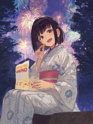 1girl :d black_hair bob_cut brown_eyes chicken_nuggets commentary_request eating fireworks floral_print forest highres japanese_clothes kimono looking_at_viewer mcdonald&#039;s nature night night_sky open_mouth original outdoors pink_sash product_placement promotional_art sash second-party_source shirabi short_hair sitting sky smile solo tree white_kimono