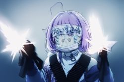 Rule 34 | 1girl, ahoge, clothes writing, covered eyes, crying, firing, gradient background, gun, headband, heart, highres, holding, holding gun, holding weapon, idolmaster, idolmaster cinderella girls, long sleeves, mask, mask pull, motion blur, mouth mask, off-shoulder jacket, off shoulder, pink hair, runny nose, short hair, single bare shoulder, snot, solo, surgical mask, takahashi umori, tears, upper body, weapon, yumemi riamu