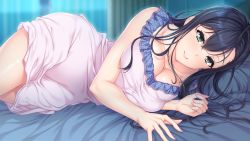 Rule 34 | 1girl, anim mother &amp; wife, bare arms, bed, black hair, blurry, blurry background, blush, breast press, breasts, cleavage, closed mouth, curtains, female focus, game cg, green eyes, groin, hair between eyes, hands up, happy, hozumi kaoru, indoors, itsu made mo musuko no mama ja irarenai! 6, large breasts, legs, legs together, light blush, long hair, looking at viewer, lying, mature female, on bed, on side, original, pajamas, pillow, sleeveless, smile, solo, thighs