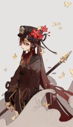 Rule 34 | 1girl, absurdres, bad id, bad twitter id, black hat, brown coat, chinese clothes, coat, cowboy shot, falling leaves, flower, flower-shaped pupils, genshin impact, grey background, hat, highres, holding, holding weapon, hu tao (genshin impact), kurattes, leaf, long hair, plum blossoms, polearm, ponytail, shorts, simple background, smoke, solo, symbol-shaped pupils, thumb ring, weapon