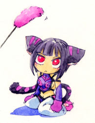 Rule 34 | 1girl, :&lt;, animal ears, animal hands, bad id, bad pixiv id, bare shoulders, black hair, breasts, capcom, cat ears, cat paws, cat tail, cat teaser, chibi, detached sleeves, drill hair, elbow gloves, gloves, halterneck, han juri, kemonomimi mode, looking up, medium breasts, midriff, navel, red eyes, sideboob, simple background, solo, street fighter, street fighter iv (series), tail, tk (hibatidori), twin drills, whiskers, white background