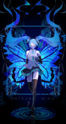 Rule 34 | 1girl, absurdres, aqua necktie, black footwear, black skirt, black sleeves, blue butterfly, blue hair, blurry, blurry background, boots, border, breasts, bug, butterfly, character name, closed eyes, commentary, detached sleeves, goma irasuto, hand on own chest, hatsune miku, highres, insect, long hair, medium breasts, necktie, pleated skirt, ripples, shirt, signature, skirt, sleeveless, sleeveless shirt, solo, thigh boots, thighhighs, very long hair, vocaloid, white shirt