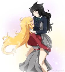Rule 34 | 2girls, absurdres, ahoge, animal ears, artist name, belt, black hair, blake belladonna, blonde hair, blush, breasts, closed eyes, commentary, cosplay, cowboy shot, dress, english commentary, green ribbon, grey dress, grey skirt, hands on another&#039;s shoulders, highres, hug, inoue takina, inoue takina (cosplay), jacket, large breasts, lifting person, long hair, long sleeves, looking at another, lycoris recoil, lycoris uniform, multiple girls, neck ribbon, nishikigi chisato, nishikigi chisato (cosplay), pleated dress, pleated skirt, red belt, ribbon, rwby, shirt, skirt, smile, thighs, two-tone dress, white background, yang xiao long, yaya (y8ay8a), yellow eyes, yuri