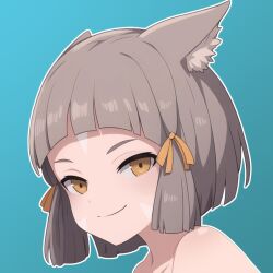 Rule 34 | 1girl, ai-assisted, animal ear fluff, animal ears, blue background, brown eyes, brown ribbon, closed mouth, commentary, english commentary, grey hair, guilegaze, hair ribbon, looking at viewer, nia (xenoblade), nude, outline, ribbon, short hair, simple background, smile, solo, upper body, white outline, xenoblade chronicles (series), xenoblade chronicles 2