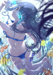 Rule 34 | 1girl, air bubble, ass, bare shoulders, barefoot, bikini, blue bikini, blue eyes, blue nails, blur censor, breasts, bubble, censored, feet, fish, freediving, glowing, glowing eyes, halterneck, highres, jewelry, leaf, long hair, looking at viewer, multicolored hair, nail polish, namikishiho, original, pointy ears, soles, solo, swimsuit, toes, underwater, very long hair