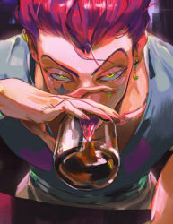 Rule 34 | 1boy, cup, diamond (shape), drinking glass, earclip, earrings, eyelashes, facial mark, fingernails, hair slicked back, hand up, heart, heart earrings, heart print, hisoka morow, hunter x hunter, jewelry, kb-mon, long fingernails, looking at viewer, looking up, male focus, nail polish, pink nails, red hair, sexually suggestive, single earring, solo, star (symbol), teardrop, tongue, tongue out, upper body, widow&#039;s peak, yellow eyes