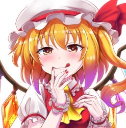 Rule 34 | 1girl, ascot, blonde hair, blush, bow, collared shirt, commentary request, crystal, flandre scarlet, frilled shirt collar, frills, gradient hair, hair between eyes, hands up, hat, hat bow, licking lips, long hair, looking at viewer, mob cap, multicolored hair, nail polish, nichika (nitikapo), one side up, purple hair, red bow, red eyes, red nails, red vest, shirt, simple background, solo, tongue, tongue out, touhou, upper body, vest, white background, white hat, white shirt, wings, wrist cuffs, yellow ascot