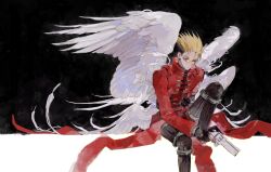 Rule 34 | 1boy, absurdres, agl arms .45 long colt, angel wings, black background, black gloves, blonde hair, break-action revolver, coat, feathered wings, gloves, gun, handgun, highres, holding, holding gun, holding weapon, long coat, long sleeves, looking at viewer, low bore axis revolver, male focus, mong 120, orange-tinted eyewear, prosthesis, prosthetic arm, red coat, revolver, round eyewear, short hair, sitting, solo, sunglasses, tinted eyewear, trigun, two-tone background, undercut, vash the stampede, weapon, white background, wings