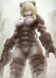 Rule 34 | 1girl, armor, blonde hair, blue eyes, breasts, cleavage, highres, large breasts, nabe (crow&#039;s head), panties, personification, shadow of the colossus, short hair, solo, thighhighs, underwear, valus (shadow of the colossus), weapon