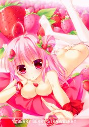 Rule 34 | 1girl, :o, absurdres, ass, between breasts, bracelet, breasts, butt crack, cleavage, food, fruit, highres, jewelry, legs up, lying, nakada rumi, nipples, no bra, no panties, nude, on stomach, pink eyes, pink hair, puffy nipples, strawberry, thighhighs, white thighhighs