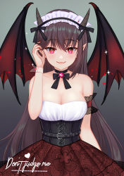 Rule 34 | 10years, 1girl, absurdres, adjusting hair, armband, bare shoulders, bat wings, black bow, black bowtie, black choker, blush, bow, bowtie, breasts, brooch, brown hair, choker, cleavage, collarbone, commentary, demon horns, dress, english commentary, english text, fang, foreground text, gradient background, hair between eyes, hand up, heart, highres, horns, jewelry, lace dress, large breasts, long hair, maid headdress, off-shoulder dress, off shoulder, original, red armband, red dress, red eyes, skin fang, slit pupils, smile, solo, star (symbol), underbust, upper body, very long hair, wings, wrist cuffs