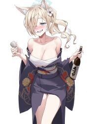 Rule 34 | 1girl, absurdres, animal ears, bare shoulders, blonde hair, blue archive, blue eyes, blue halo, blush, bottle, breasts, chest sarashi, collarbone, cup, drunk, espresso 1004, flower, hair flower, hair ornament, hair over one eye, halo, highres, holding, holding bottle, holding cup, japanese clothes, kanna (blue archive), kimono, large breasts, obi, ponytail, purple kimono, sarashi, sash, sharp teeth, simple background, solo, teeth, white background, white flower