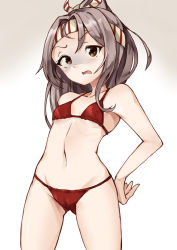 Rule 34 | 1girl, asake ameji, bikini, brown eyes, collarbone, commentary request, flat chest, gluteal fold, gradient background, grey background, grey hair, halterneck, hand on own hip, high ponytail, kantai collection, long hair, looking at viewer, red bikini, shaded face, simple background, solo, standing, string bikini, swimsuit, zuihou (kancolle)