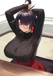Rule 34 | 1girl, arms behind head, arms up, black-framed eyewear, black hair, black sweater, breasts, closed eyes, closed mouth, girls&#039; frontline, girls&#039; frontline neural cloud, hair ornament, highres, holding own hair, indoors, japanese clothes, jewelry, kion-kun, large breasts, long hair, long sleeves, mole, mole under mouth, monocle, nora (neural cloud), paintbrush, ribbed sweater, short hair, sidelocks, sitting, skirt, solo, sweatdrop, sweater, table, turtleneck, turtleneck sweater, upper body