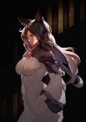 Rule 34 | 1girl, animal ears, black hair, breasts, brooch, commentary, cowboy shot, dress, from side, highres, imaizumi kagerou, jewelry, large breasts, long hair, long sleeves, looking at viewer, onion (onion and pi-natto), profile, red eyes, solo, taut clothes, taut dress, touhou, white dress, wide sleeves, wolf ears