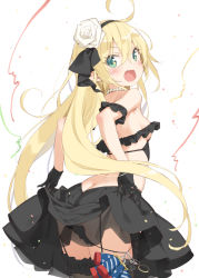 Rule 34 | 1girl, :d, ahoge, albacore (azur lane), albacore (beneath the black dress) (azur lane), azur lane, bare shoulders, black gloves, black hairband, black panties, black skirt, black thighhighs, blonde hair, blush, breasts, butt crack, clothes lift, commentary request, confetti, fang, flower, frilled thighhighs, frills, garter straps, gloves, green eyes, hair between eyes, hair flower, hair ornament, hairband, highres, jewelry, kani biimu, lifting own clothes, long hair, looking at viewer, looking back, necklace, open mouth, panties, panty pull, pearl necklace, rose, see-through, side-tie panties, sideboob, simple background, skirt, skirt lift, small breasts, smile, solo, standing, star (symbol), star in eye, streamers, symbol in eye, thighhighs, underwear, v-shaped eyebrows, very long hair, white background, white flower, white rose