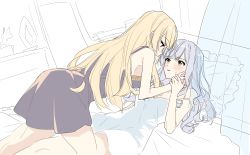 Rule 34 | 2girls, all fours, arm at side, assault lily, bare arms, bare shoulders, bed, blonde hair, blunt bangs, blush, breasts, brown dress, cleavage, commentary request, danji bang, dress, eye contact, frilled pillow, frills, girl on top, grey hair, hair down, hand grab, hand on another&#039;s cheek, hand on another&#039;s face, hand up, highres, indoors, kon kanaho, korean commentary, long hair, looking at another, lying, medium breasts, miyagawa takane, multiple girls, naughty face, nightgown, on back, on bed, parted lips, partially colored, pillow, profile, purple eyes, sketch, sketch background, sleeveless, sleeveless dress, smile, spaghetti strap, strap slip, sweatdrop, transparent, unfinished, very long hair, wavy hair, white background, white dress, yellow eyes, yuri