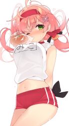 Rule 34 | 1girl, arms behind back, blush, breasts, green eyes, hololive, koori, large breasts, long hair, looking at viewer, mouth hold, navel, one eye closed, pink hair, red shorts, sakura miko, shirt, short shorts, shorts, solo, twintails, virtual youtuber, white background, white shirt