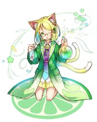Rule 34 | 1girl, ;d, animal ears, blonde hair, blue flower, blue hair, cat ears, cat girl, cat tail, coat, collared shirt, fang, flask, flower, glasses, green coat, green eyes, green flower, head tilt, highres, kazana (sakuto), lab coat, long hair, long sleeves, looking at viewer, multicolored hair, multiple tails, necktie, nekomata, one eye closed, open mouth, original, pleated skirt, purple necktie, round-bottom flask, seiza, shirt, sitting, skirt, smile, solo, tail, test tube, two-tone hair, two tails, white background, white shirt, wide sleeves, yellow flower, yellow skirt