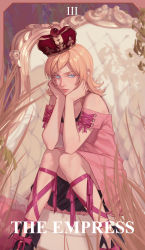 Rule 34 | 1girl, absurdres, blonde hair, blue eyes, chair, cross-laced clothes, cross-laced sleeves, crown, elbows on knees, english text, flipped hair, footwear ribbon, grass, hands on own cheeks, hands on own face, head rest, heart, heart-shaped pillow, highres, jojo no kimyou na bouken, leg ribbon, long hair, looking at viewer, lucy steel, nezumi (tuboshu2013), numbered, parted bangs, pillow, plant, ribbon, roman numeral, short sleeves, sitting, sleeve ribbon, solo, steel ball run, tarot, tarot (medium), the empress (tarot), thick eyebrows, throne