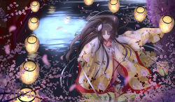 Rule 34 | 1girl, blue eyes, cherry blossoms, chrysanthemum print, fate/grand order, fate (series), floral print, highres, holding, holding weapon, japanese clothes, kara no kyoukai, katana, kimono, lantern, long hair, looking at viewer, moonlight, reflection, ryougi shiki, ryougi shiki (third ascension), shenhai (2556146833), solo, sword, very long hair, weapon