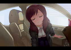 Rule 34 | 10s, 1girl, absurdres, bad id, bad pixiv id, car, car interior, closed eyes, dated, facing viewer, highres, incoming kiss, letterboxed, love live!, love live! school idol project, motor vehicle, nishikino maki, red hair, short hair, signature, solo, vehicle, zhanzheng zi