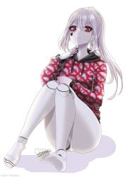 Rule 34 | 1girl, barefoot, closed mouth, colored skin, cracked skin, doll joints, eyeshadow, hair between eyes, hood, hoodie, indie virtual youtuber, joints, jowol, knees together feet apart, long hair, long sleeves, makeup, oida-sama (artist), red eyes, sitting, solo, v-shaped eyebrows, virtual youtuber, white background, white hair, white skin