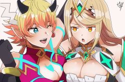 Rule 34 | 2girls, bare shoulders, blonde hair, breasts, chest jewel, cleavage, cleavage cutout, clothing cutout, dress, earrings, gem, headpiece, jewelry, kora (xenoblade), large breasts, long hair, multiple girls, mythra (xenoblade), rem (eyes 410), swept bangs, tiara, very long hair, white dress, xenoblade chronicles (series), xenoblade chronicles 2, yellow eyes