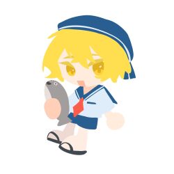 Rule 34 | 1boy, animal, black footwear, blonde hair, blue hat, blue sailor collar, chibi, electricleaf, fish, hat, highres, holding, holding animal, holding fish, limbus company, long sleeves, looking at viewer, male focus, necktie, open mouth, project moon, red necktie, sacabambaspis, sailor collar, sandals, shirt, simple background, sinclair (project moon), solo, white background, white shirt, yellow eyes