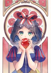 Rule 34 | 1girl, absurdres, apple, black hair, blue shirt, bow, braid, breasts, chano hinano, commentary request, disney, fingernails, flower, food, fruit, green eyes, hair bow, hands up, heart, heart-shaped pupils, highres, holding, holding food, holding fruit, huge filesize, open mouth, parted bangs, puff and slash sleeves, puffy short sleeves, puffy sleeves, red apple, red bow, red flower, see-through, shirt, short sleeves, skirt, small breasts, snow white, snow white (disney), snow white and the seven dwarfs, solo, symbol-shaped pupils, teeth, upper teeth only, yellow skirt