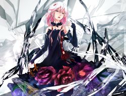 Rule 34 | 10s, 1girl, bare shoulders, detached sleeves, dress, guilty crown, hair ornament, hairclip, lace, lace-trimmed dress, lace trim, long hair, looking at viewer, open mouth, pink hair, red eyes, solo, tanikku, twintails, yuzuriha inori