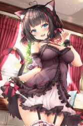 Rule 34 | 1girl, :d, absurdres, animal ears, babydoll, black hair, blue eyes, breasts, cat ears, cat girl, cat tail, character request, choker, commission, copyright request, curtains, detached sleeves, fang, frilled choker, frills, garter straps, gradient hair, halterneck, highres, indoors, large breasts, looking at viewer, multicolored hair, open mouth, purple babydoll, red hair, rumiko (rmeco), short hair, short sleeves, skeb commission, skin fang, smile, tail, virtual youtuber, window, wrist cuffs