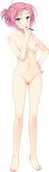 Rule 34 | 1girl, absurdres, barefoot, blush, breasts, censored, cigarette, completely nude, feet, full body, green eyes, hair ornament, hairclip, hand on own hip, highres, holding, holding cigarette, jougasaki momo, looking at viewer, medium breasts, mosaic censoring, navel, nipples, nude, official art, pink hair, pussy, saeki hokuto, smile, solo, suisei ginka, toes, transparent background, updo