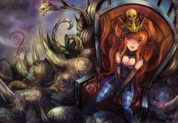 Rule 34 | 1girl, breasts, breasts squeezed together, cleavage, crown, female focus, gloves, hair ornament, kara (color), large breasts, open mouth, orange hair, original, red eyes, red hair, sitting, solo, striped clothes, striped thighhighs, thighhighs, throne