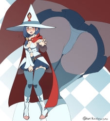 Rule 34 | 1girl, adapted costume, arikindows10, armpits, ass, blue hair, blue thighhighs, boots, breasts, cape, cleavage, crotch seam, detached sleeves, dress, flying sweatdrops, from below, full body, glasses, hat, high heel boots, high heels, highres, large breasts, little witch academia, long hair, looking at viewer, miniskirt, mtu virus, multiple views, navel, panties, pleated skirt, red cape, shiny chariot, skirt, skirt hold, spoilers, standing, sweatdrop, thighhighs, twitter username, underwear, ursula callistis, white dress, white footwear, witch hat, zettai ryouiki