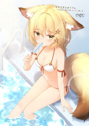 Rule 34 | 1girl, absurdres, animal ear fluff, animal ears, bare shoulders, bikini, blonde hair, blush, breasts, cleavage, commentary request, coreytaiyo, dated, food, from above, front-tie bikini top, front-tie top, hair between eyes, hair ornament, highres, holding, holding food, medium breasts, navel, original, pool, pool ladder, poolside, popsicle, side-tie bikini bottom, signature, solo, star (symbol), star hair ornament, swimsuit, tail, translation request, water, white bikini, yellow eyes