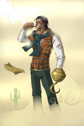 Rule 34 | 1boy, amputee, angry, ascot, black hair, cactus, cigar, crocodile (one piece), denim, gradient background, hook hand, jeans, lemon5ky, long sleeves, male focus, one piece, pants, plaid, sand, scar, scarf, solo, torn clothes, vest, waistcoat
