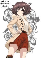Rule 34 | 10s, 1girl, absurdres, akiyama yukari, beige coat, belt, black belt, blurry, blurry background, boots, brown eyes, brown footwear, brown hair, brown shorts, casual, closed mouth, coat, commentary, cowboy shot, dated, fur-trimmed coat, fur-trimmed sleeves, fur trim, girls und panzer, hands on own hips, head tilt, highres, knee boots, looking at viewer, messy hair, one-hour drawing challenge, open clothes, open coat, shiina excel, shirt, short hair, shorts, smile, solo, standing, turtleneck, twitter username, watermark, white shirt, winter clothes