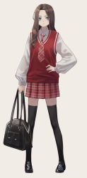Rule 34 | 1girl, absurdres, bag, black footwear, black thighhighs, blue eyes, brown background, brown hair, closed mouth, collared shirt, commentary request, expressionless, full body, hand on own hip, highres, holding, holding bag, loafers, long hair, long sleeves, looking at viewer, necktie, original, plaid, plaid necktie, plaid skirt, pleated skirt, red necktie, red skirt, red sweater vest, school bag, shirt, shoes, simple background, skirt, solo, sweater vest, thighhighs, white shirt, yoon cook