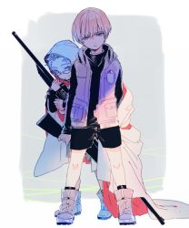 Rule 34 | 2boys, aged down, ankle boots, arm at side, arm behind back, blue eyes, blunt bangs, boots, bowl cut, brown hair, child, cloak, glasses, gun, head tilt, hiding, hiding behind another, holding, holding gun, holding weapon, hood, hood up, hooded cloak, kodera shouhei, leaning forward, long sleeves, looking at viewer, lupicam, male focus, multiple boys, narasaka touru, open clothes, open vest, pocket, rifle, shorts, socks, standing, vest, weapon, world trigger