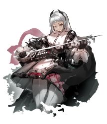 Rule 34 | 1girl, arknights, black gloves, black jacket, brown eyes, capelet, closed mouth, cropped legs, gloves, grey hair, highres, holding, holding sword, holding weapon, irene (arknights), jacket, long hair, long sleeves, looking at viewer, pantyhose, puffy long sleeves, puffy sleeves, saber (weapon), simple background, skirt, solo, sword, thick eyebrows, weapon, white background, white capelet, white pantyhose, white skirt, yacchi (yxxrem)