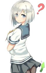 Rule 34 | 10s, 1girl, ?, arrow (symbol), ass, bad id, bad pixiv id, black pantyhose, blue eyes, breasts, crossed arms, eyes visible through hair, hair ornament, hair over one eye, hairclip, hamakaze (kancolle), highres, kantai collection, md5 mismatch, medium breasts, panties, panties under pantyhose, pantyhose, pleated skirt, poyano, school uniform, serafuku, short hair, silver hair, simple background, sketch, skirt, smile, solo, underwear, white background