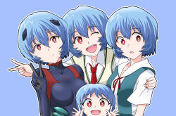 Rule 34 | 3clones, 4girls, ayanami rei, black bodysuit, blue background, blue hair, bodysuit, clone, clones, the end of evangelion, evangelion: 3.0+1.0 thrice upon a time, evangelion: 3.0 you can (not) redo, highres, multiple girls, neon genesis evangelion, open mouth, pilot suit, plugsuit, rebuild of evangelion, red eyes, short hair, teeth, v