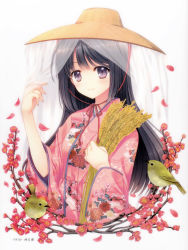 Rule 34 | 1girl, absurdres, artist name, bird, black hair, cherry blossoms, floral print, flower, hat, highres, japanese clothes, kimono, long hair, nishimata aoi, petals, plum blossoms, purple eyes, scan, smile, solo, straw hat, upper body, veil, wheat